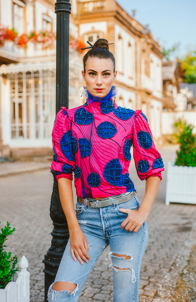 pink blouse created by Lou aymé